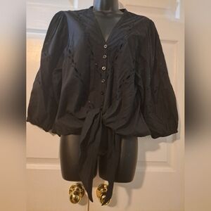 Love Stitch Black Button-Up Blouse with Tie Front & Decorative Cut-Outs.